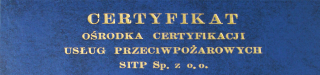 Certyfikat ośrodka certyfikatcji usług przeciwpożarowych SITP Sp. z o.o.
